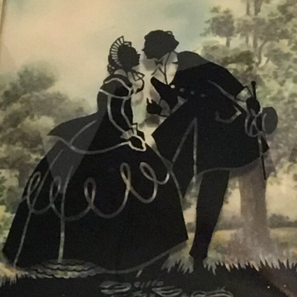 Set of vintage Convex Glass Reverse painted Silhouette Pictures Victorian scenes - Picture 9 of 16